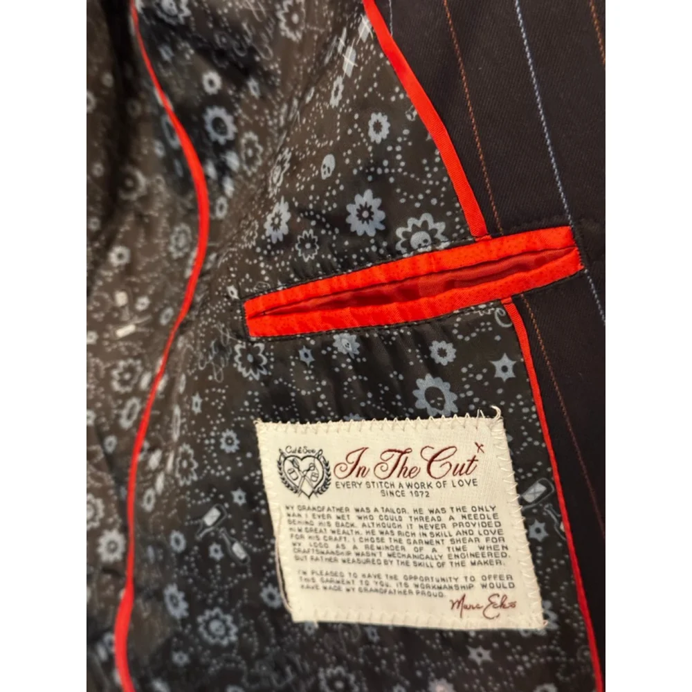 Marc Ecko Cut & Sew Navy Pinstripe Embroidered Crest Blazer Jacket XL Designer